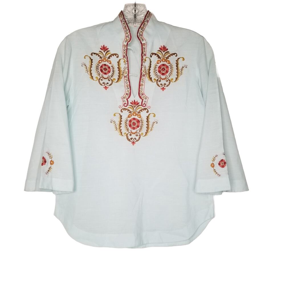Vtg 70s Lily Hand Embroidered Floral Shirt Size 32 Small Baby Blue Boho Hippie